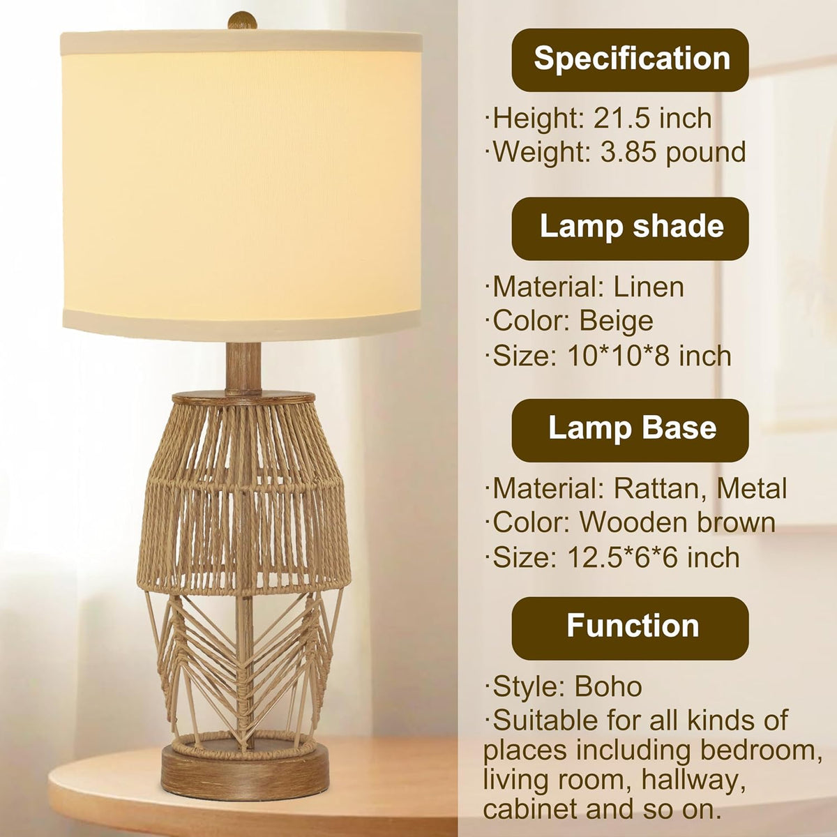 21.5 Inch Boho Table Lamps Set of 2, Rattan Wicker Bedside Lamps