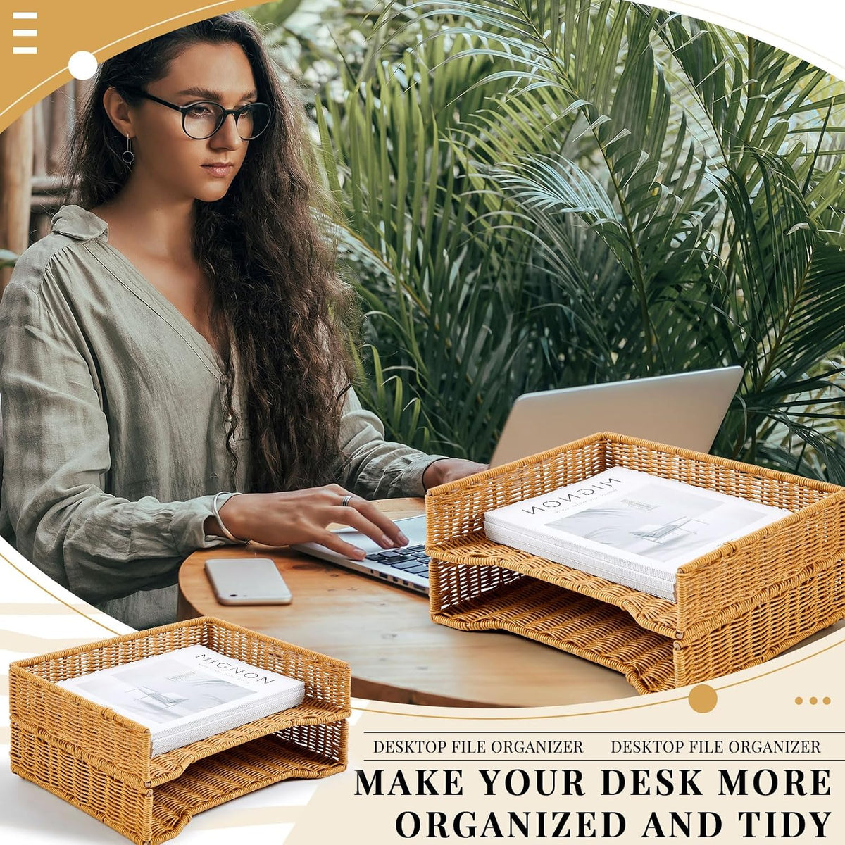 Yeaqee 2 Pcs Paper Tray Organizer for Desk Woven Letter A4 File Organizer
