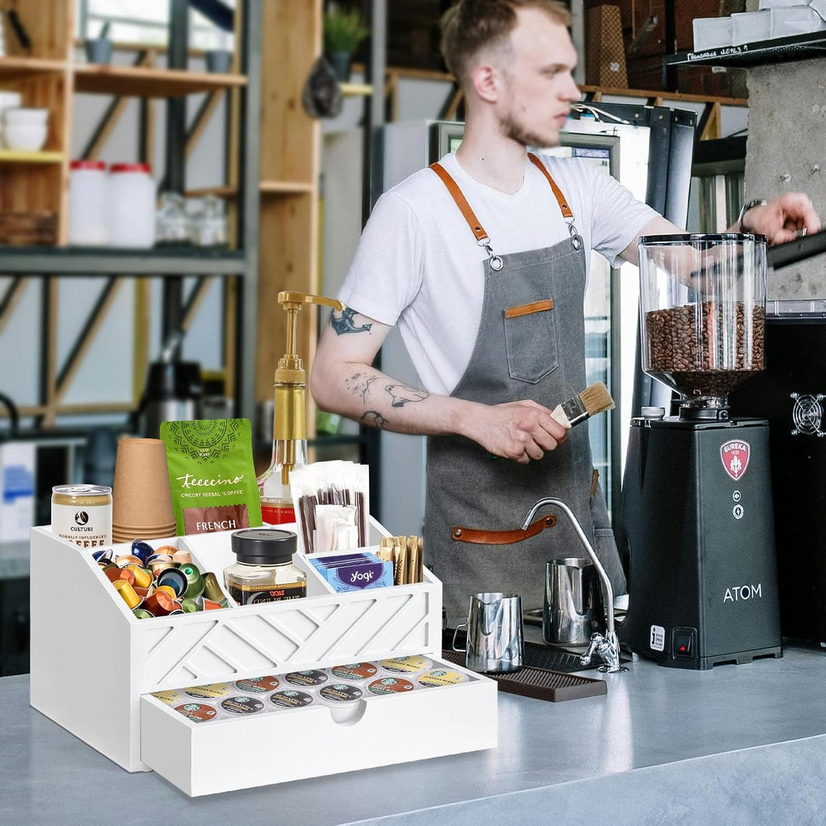 Coffee Bar Organizer with Drawer, Coffee Station Organizer for Countertop, Wo...