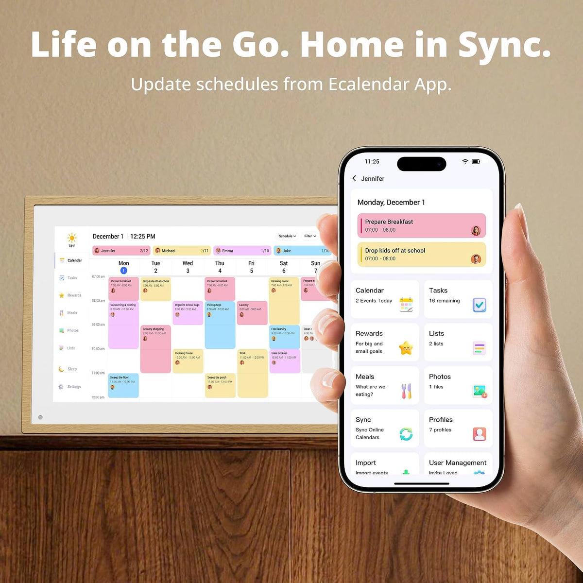 Digital Calendar 10.1 Inch Natural Wood