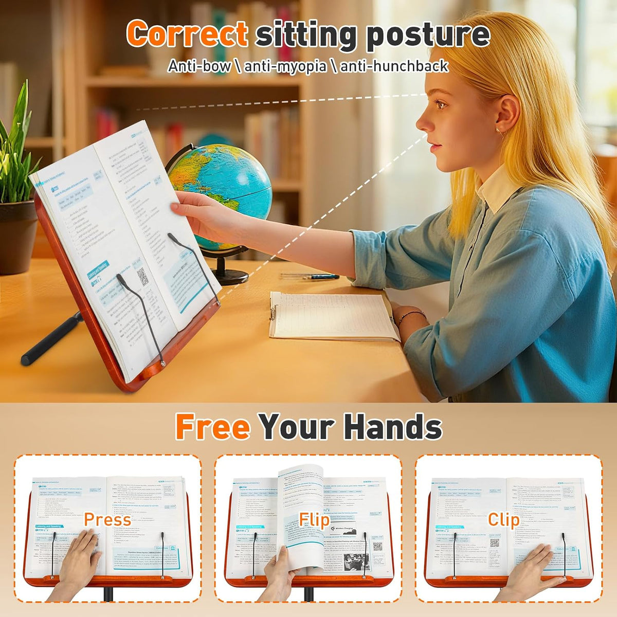 2-in-1 Floor Standing Book Stand, Foldable Book Holder for Reading with Page ...