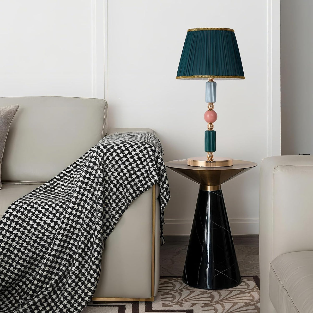 Green Fabric Shade Table Lamp Modern Metal Desk Lamp with Plug Cord Switch fo...