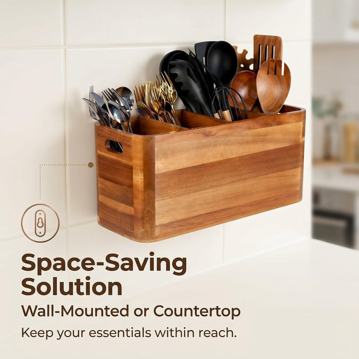 FUSHITON Extra Large Acacia Wood Utensil Caddy, 4 Compartment Rustic Countert...