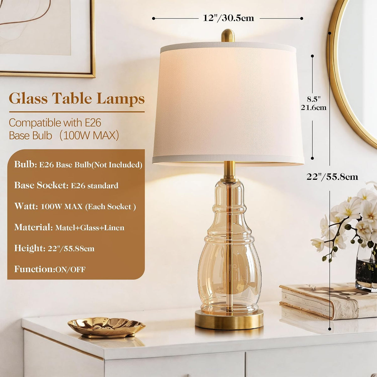 ROTTOGOON Glass Table Lamp Set of 2, Modern Table Lamps for Living Room Bedro...