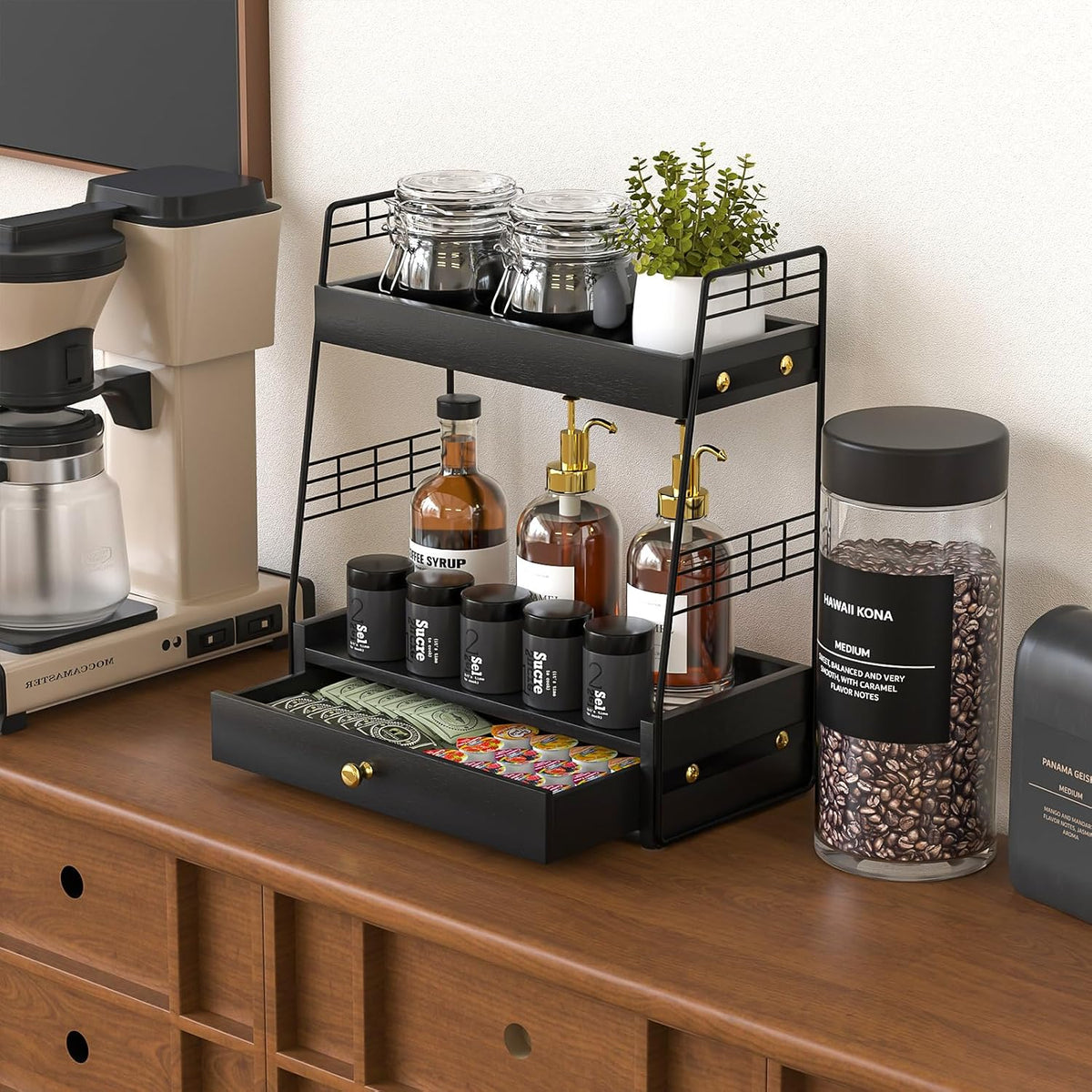 Coffee Bar Station Organizer with Drawer, 2-Tier Countertop Shelf (Black)