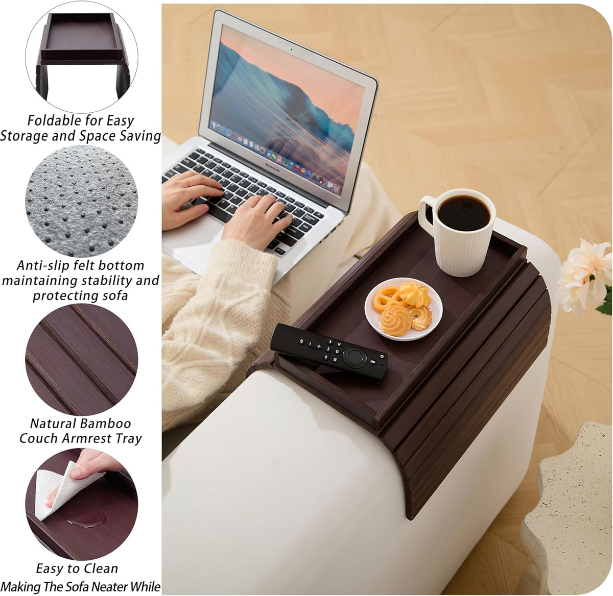 Bamboo Couch Arm Tray Table,Foldable Sofa Armrest Tray Table for Couch,Flexib...