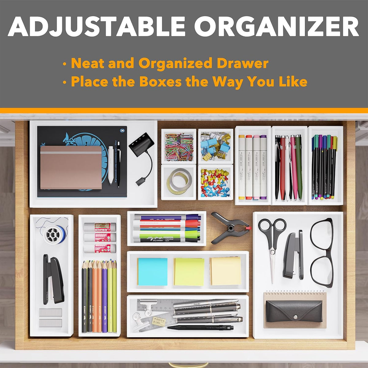 SpaceAid 14-Piece Bamboo Drawer Organizer Storage Boxes Set, Wood Tray Junk D...