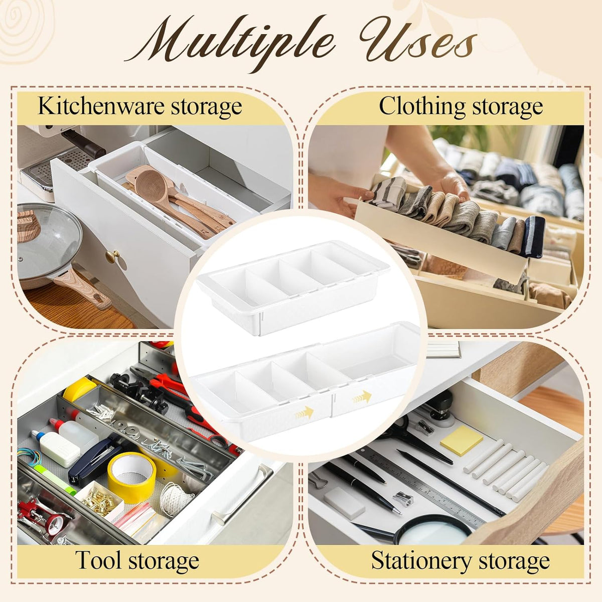 Expandable Deep Drawer Organizer Bins for Desk, White, 5 Pcs