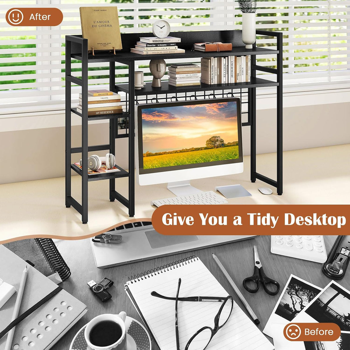 GIANTEX Desktop Bookshelf, 37" Desk Shelf for Up to 32" Computer Mo...