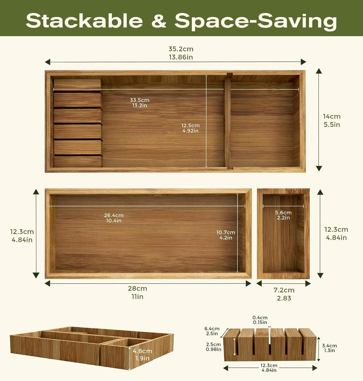 KOCWELL Bamboo Drawer Organizer with Knife Block, 3 Removable Silverware Draw...