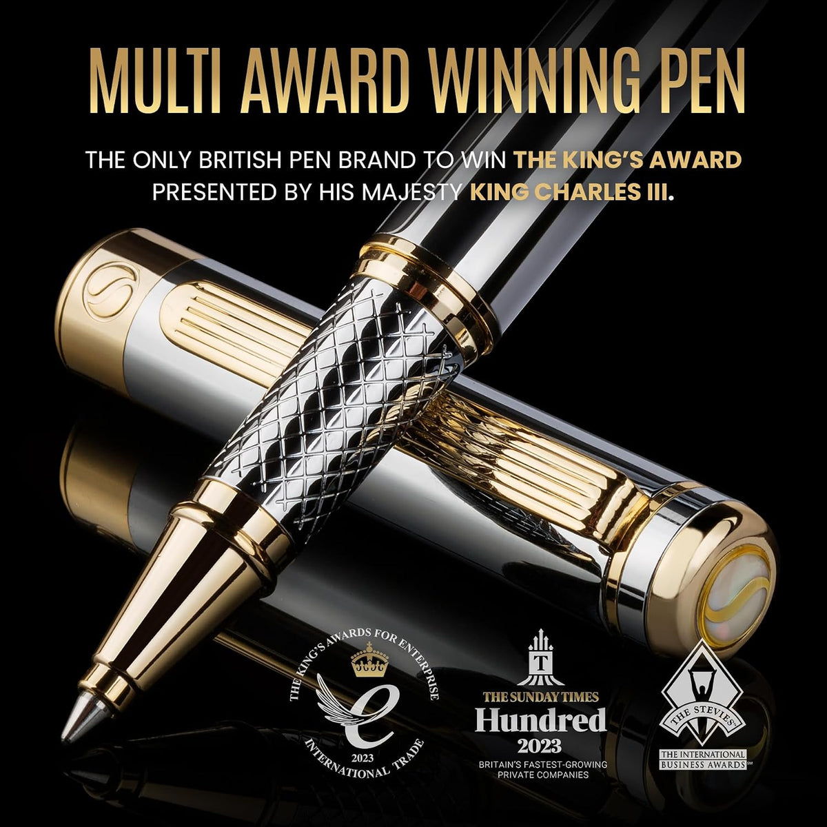 Scriveiner Silver Chrome Rollerball Pen - Stunning Luxury Pen, Real Gold Plat...