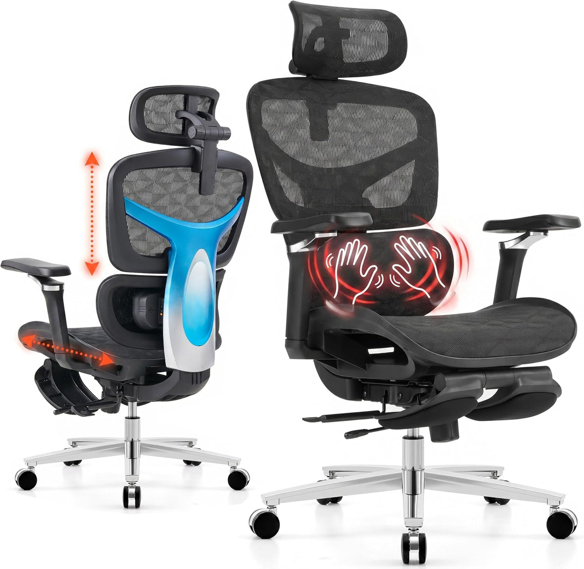 Ergonomic Office Chair with Footrest & 3D Massage Lumbar Support, Adjusta...