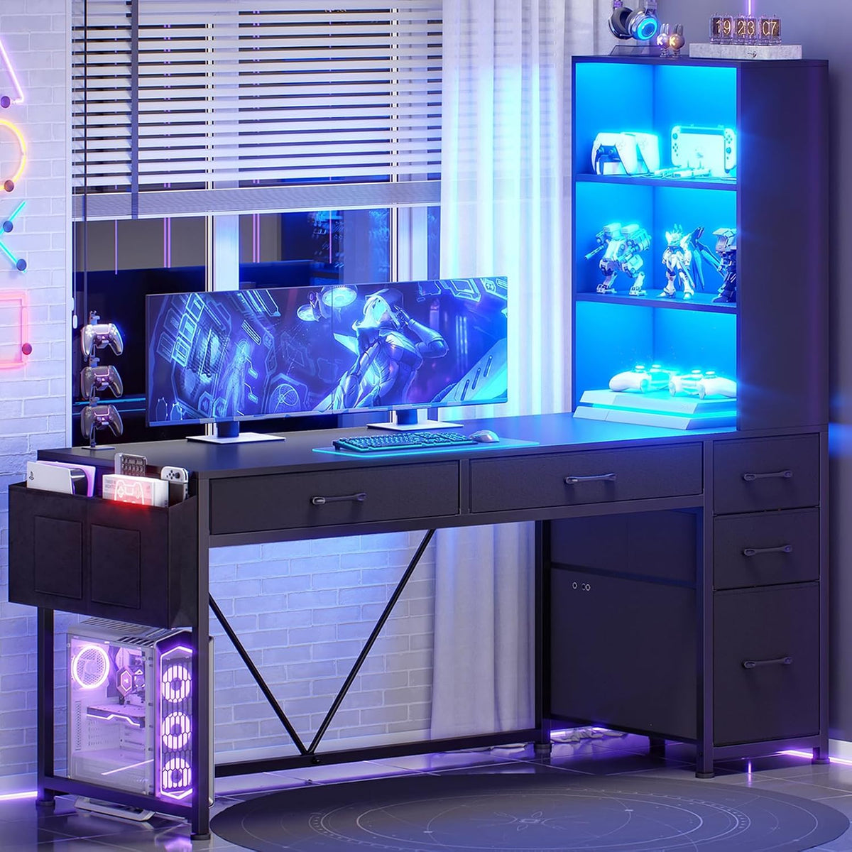 SEDETA Computer Gaming Desk with 5 Drawers and Bookshelf, Reversible Home Off...