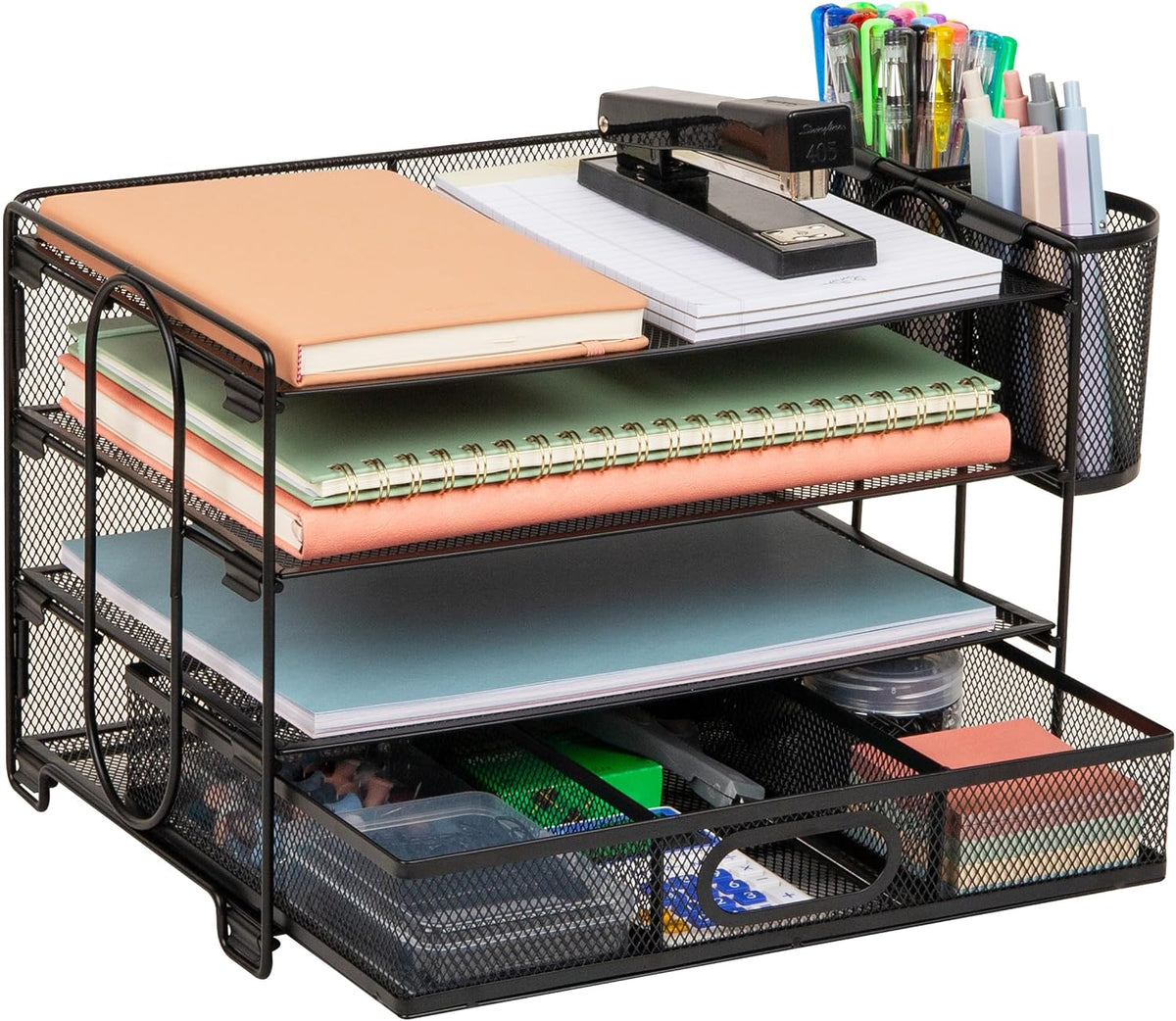 Mind Reader Mesh Desk Organizer, 3 Trays, 1 Drawer, 2 Pen Holders, Office Des...