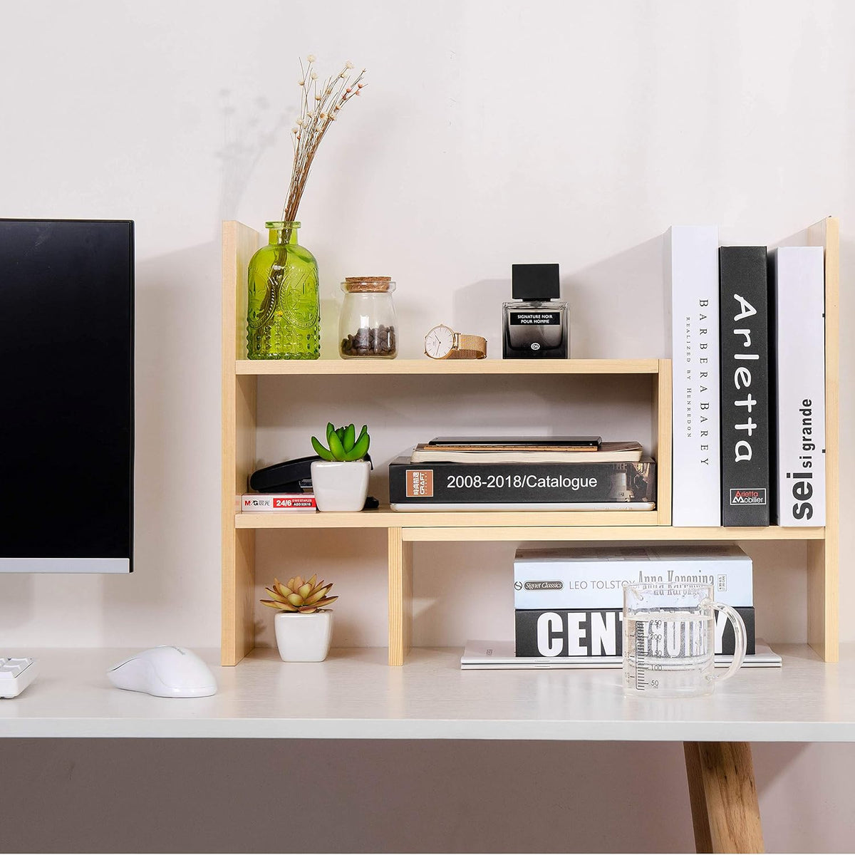 Desktop Organizer Office Storage Rack Adjustable Natural Wood Display Book Sh...
