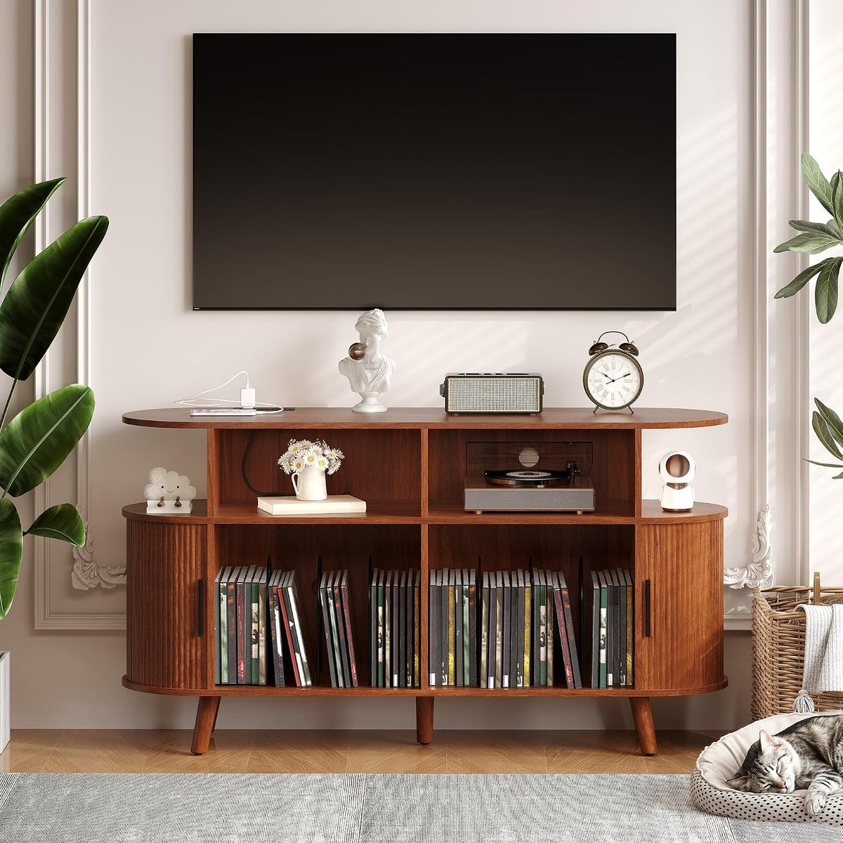 Garvee 55'' Fluted Mid Century Modern Turntable Cabinet with Vinyl St...
