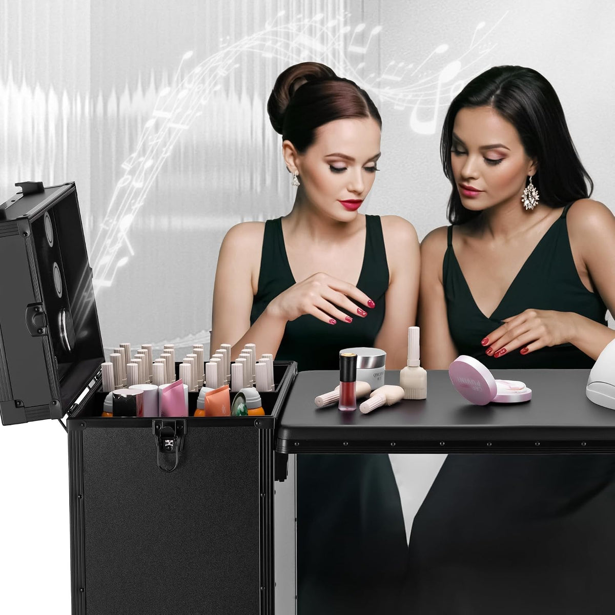 Portable Manicure Table 3 Drawers, Rolling Lockable Makeup Train Case with Bl...