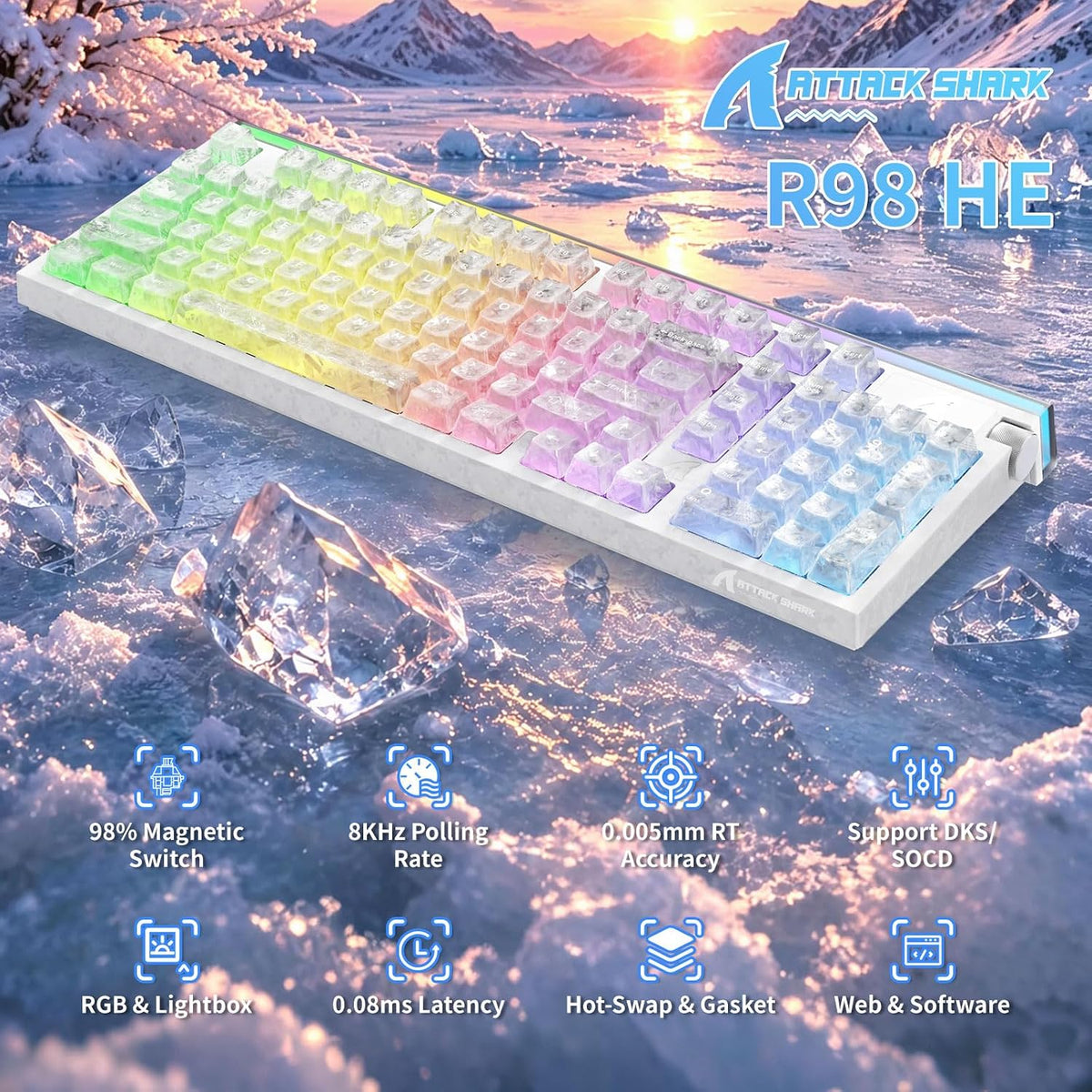 ATTACK SHARK R98 HE 8KHz Wired Hall Effect Gaming Keyboard,98% Layout,White