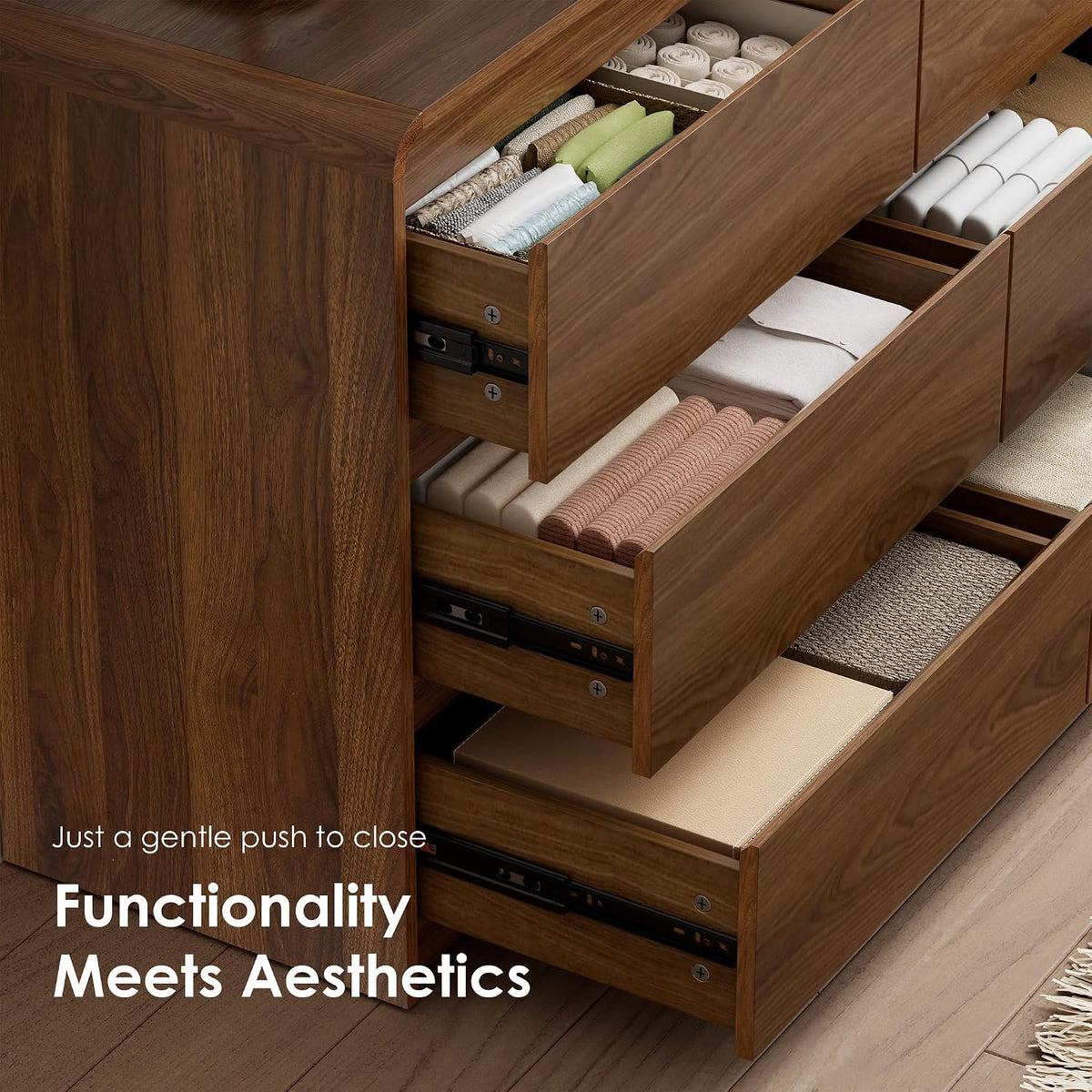 6 Drawer Dresser, 47" Wide Walnut Dresser Wooden Dresser for Bedroom