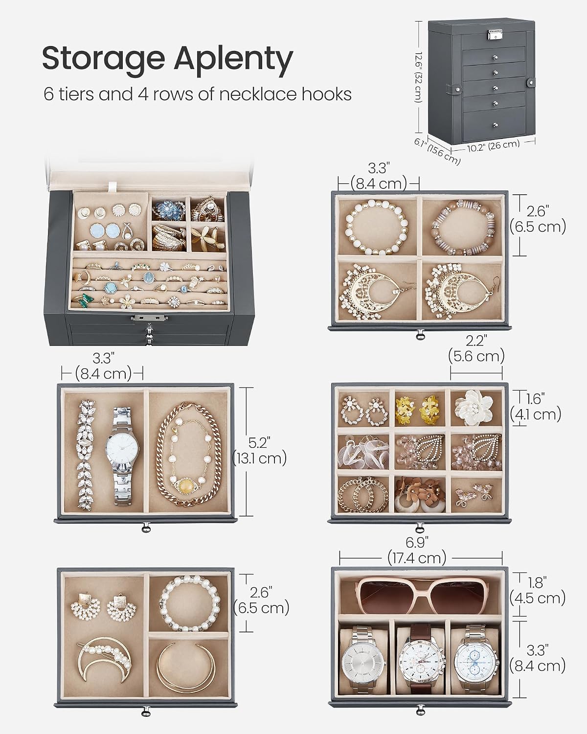 SONGMICS 6-Layer Jewelry Box Organizer with 5 Drawers, Lock and Mirror