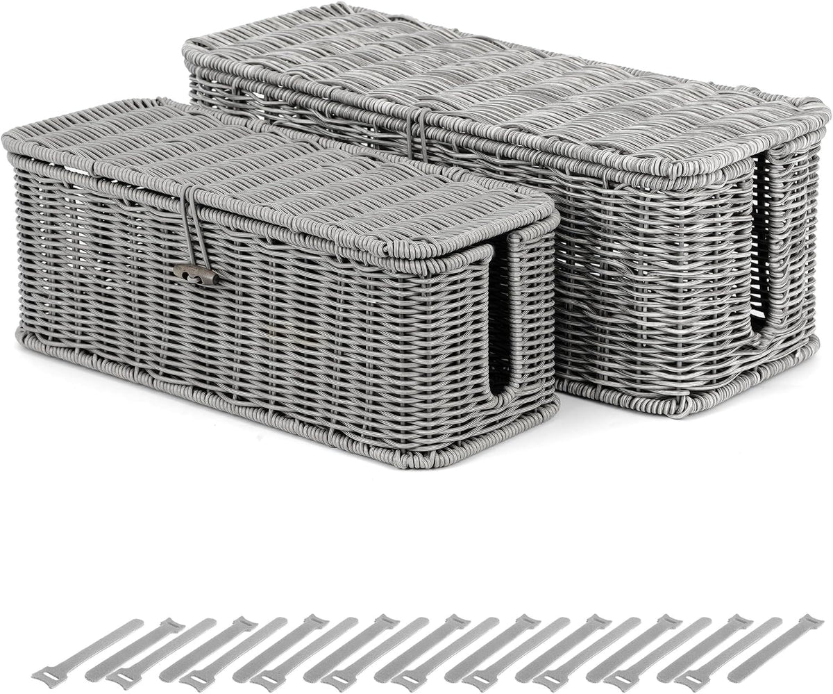 Cable Management Box, Cord Organizer with Lid & Cable Ties - Gray Set