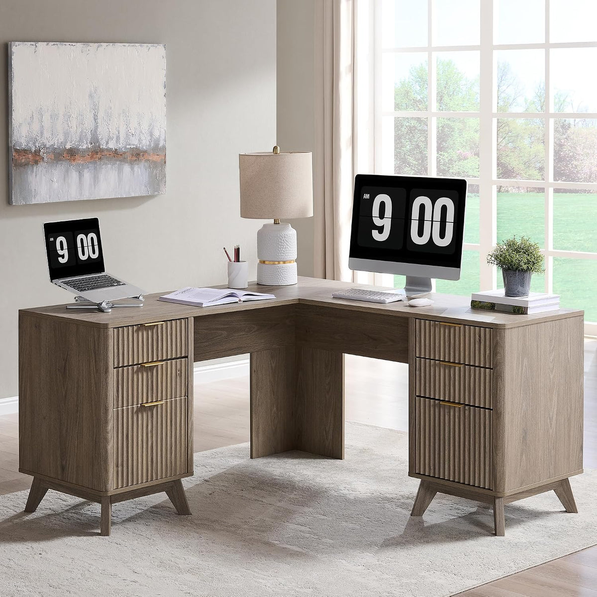 T4TREAM 60-Inch Modern Fluted L-Shaped Executive Desk, Alder Grey
