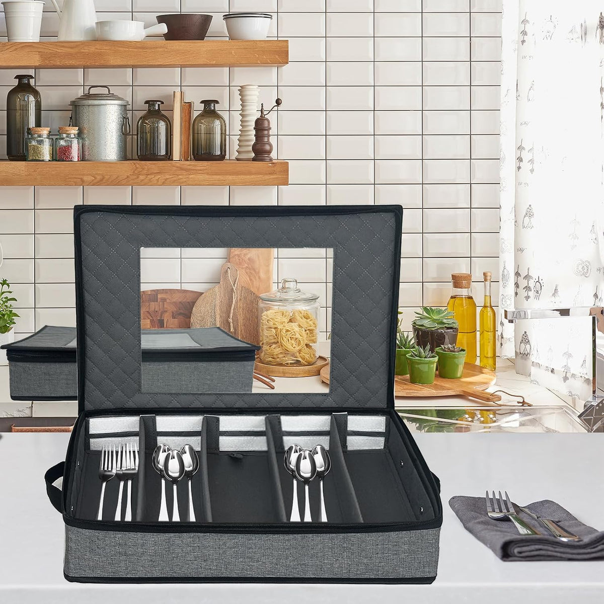 Silverware & Flatware Storage Organizer with Lid, 2 Pack Gray
