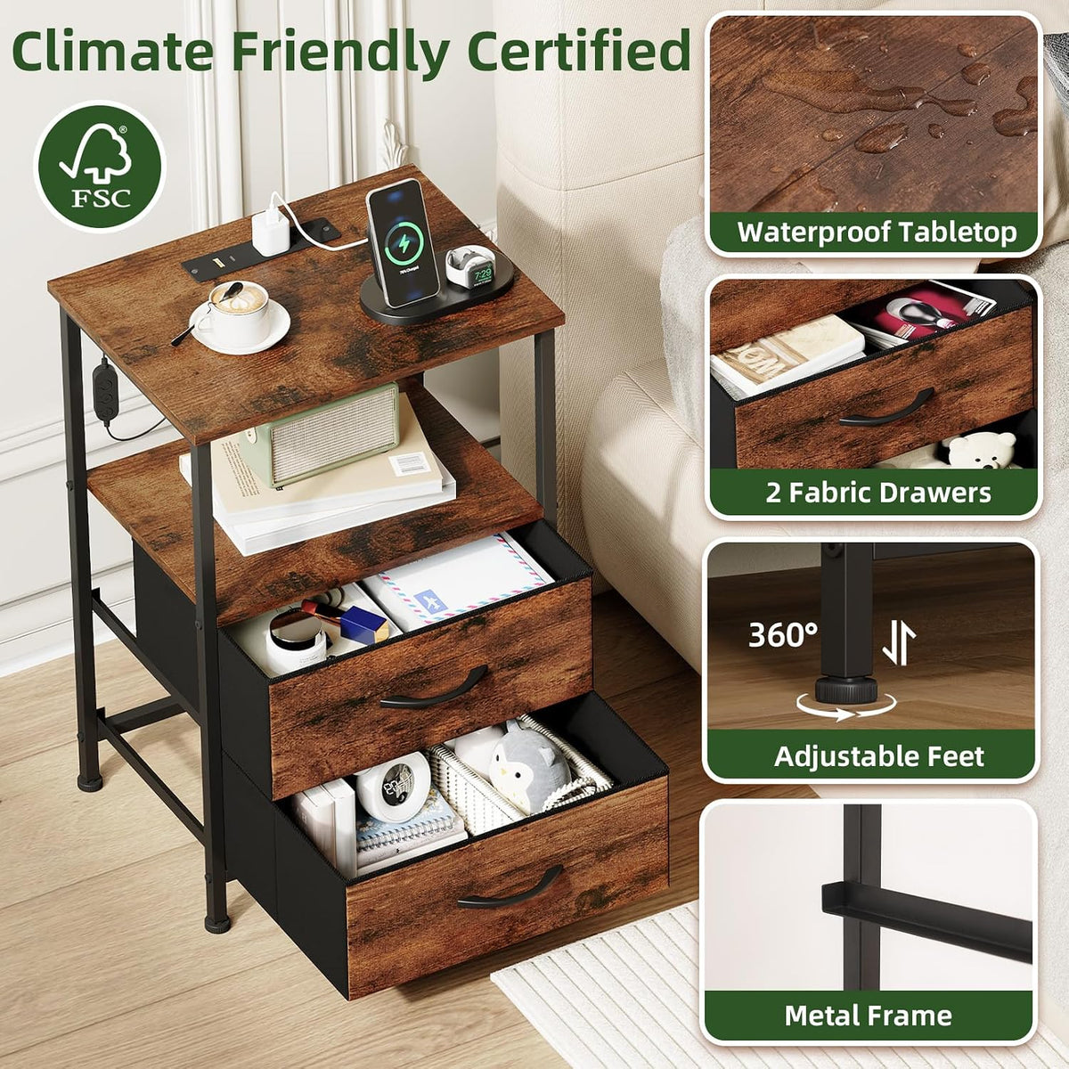 Somdot Nightstands Set of 2 with 2 Drawers, Charging Station & LED Light