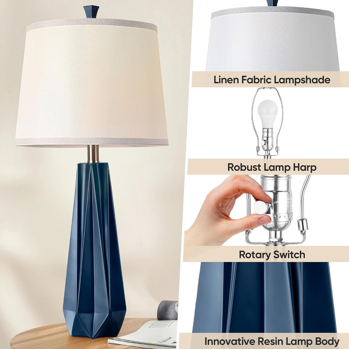 WIHTU 27'' Navy Blue Resin Table Lamps, Desk Lamps with 3 Color Tempe...