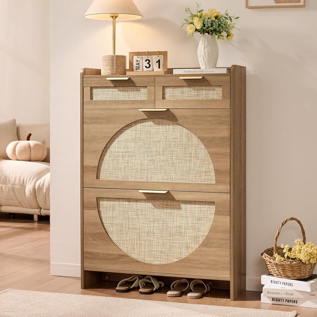 Rattan Shoe Storage Cabinet with 2 Flip Drawers & 2 Drawers, Freestanding...