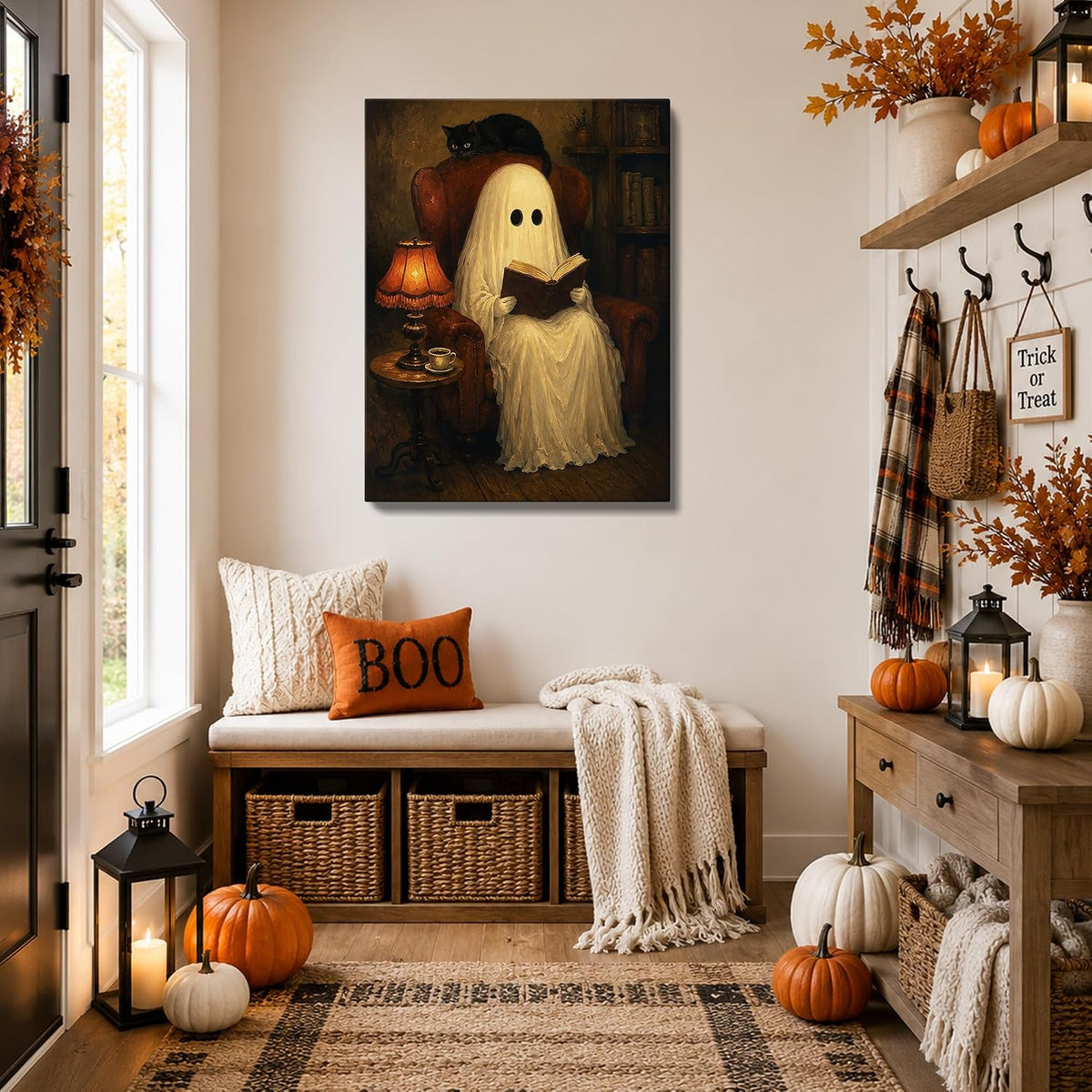 Halloween Canvas Wall Art, Reading Ghost with Black Cat Halloween Pictures
