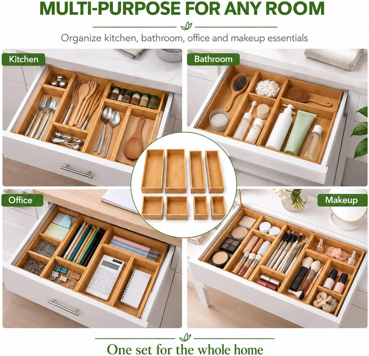 LEIMO KPARTS 8 Pcs Bamboo drawer Organizer Storage Box, Bin Set - Multi-Use b...