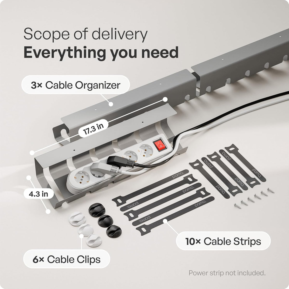 PAMO Cable Management Under Desk, Set of 3 - Grey/Silver
