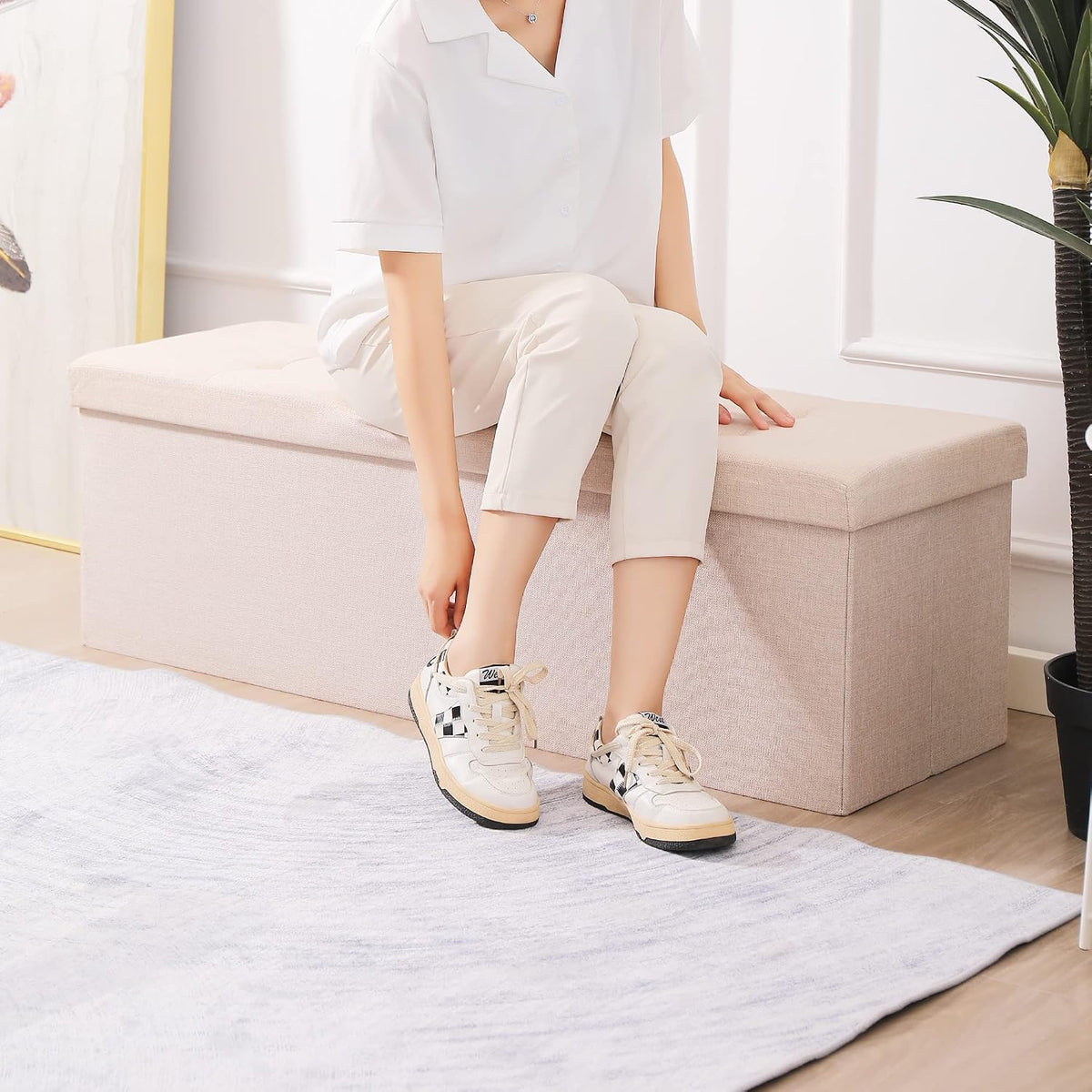 Storage Ottoman Bench Foldable Footrest Foot Stool, 45" Fabric Cream