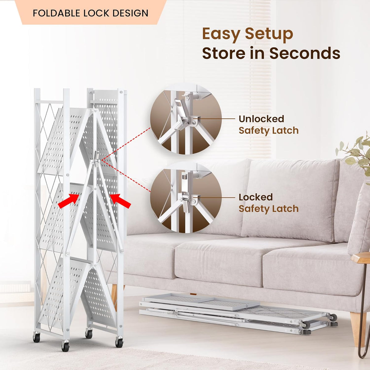 Our Modern Space 4-Tier Foldable Storage Shelf with Wheels | Metal Rack Colla...