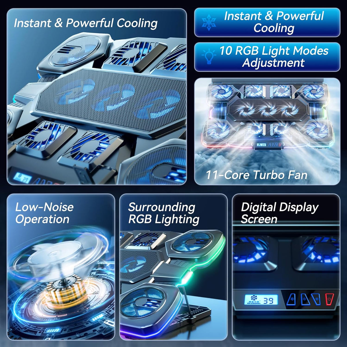 Gaming Laptop Cooling Pad - 11 High Speed Turbo Fans Ultra Quiet Laptop Coole...