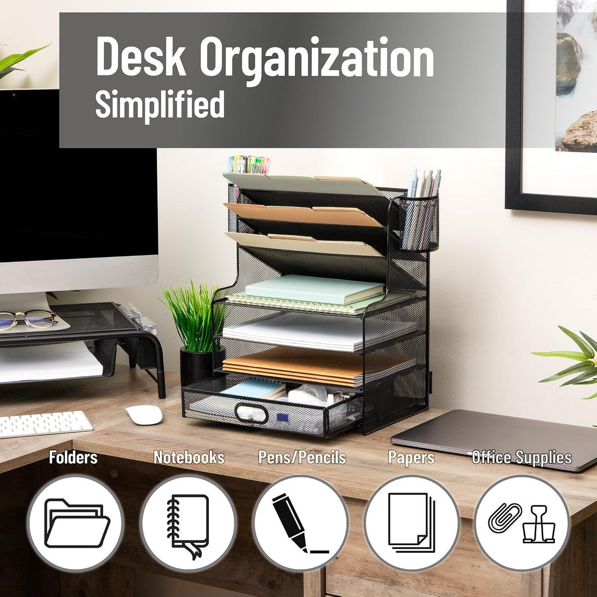Mind Reader Mesh Desk Organizer, 6 Compartments, 1 Drawer, 2 Pen Cups, Office...