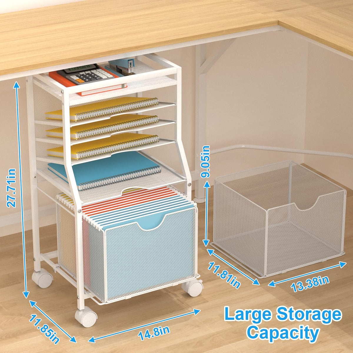 BOHDK Rolling File Cart, 6-Tier Desk File Organizer on Lockable Wheels, White...