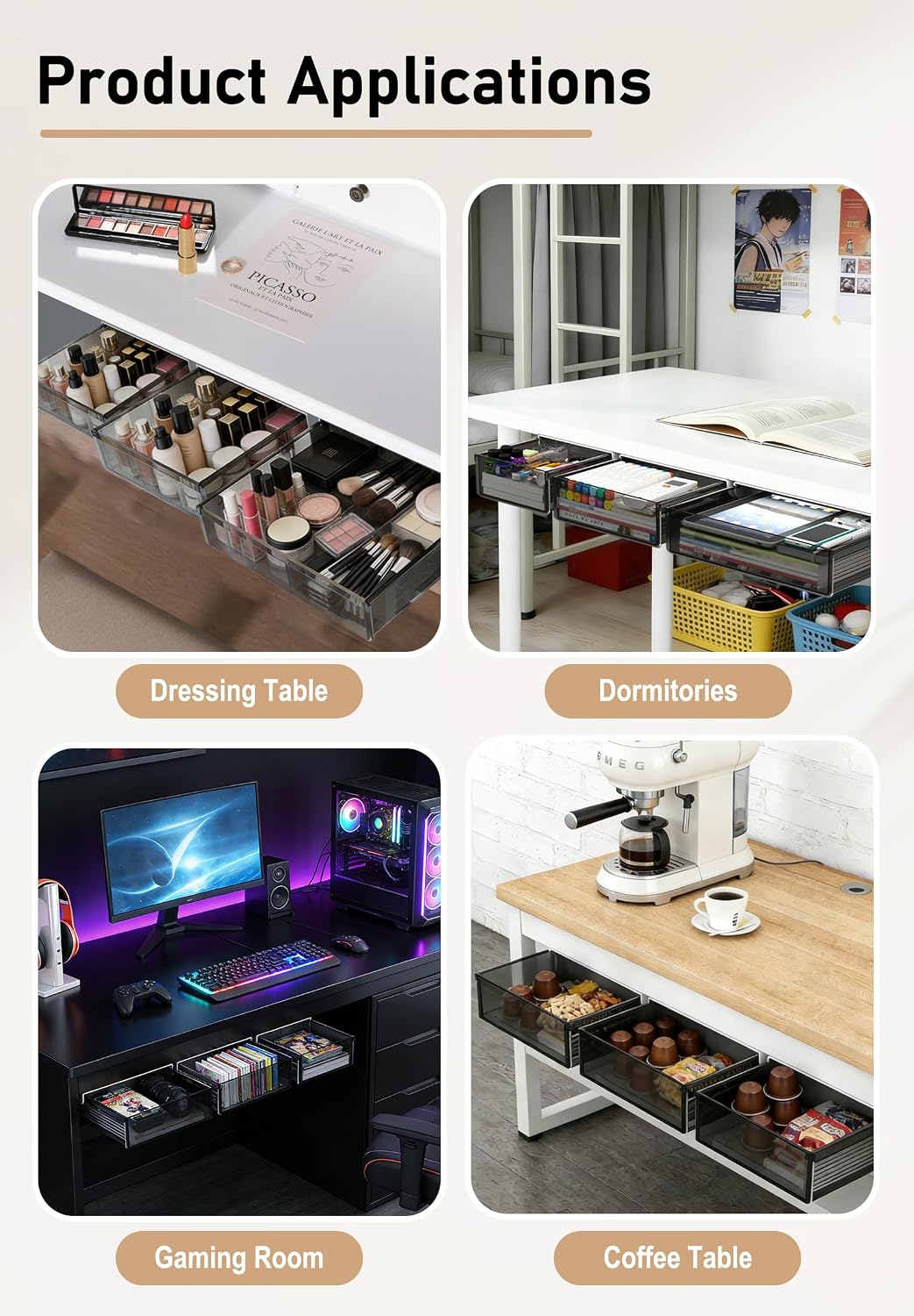Under Desk Drawer Set of 3, Slide-Out Under Desk Storage Drawers (Large/Mediu...