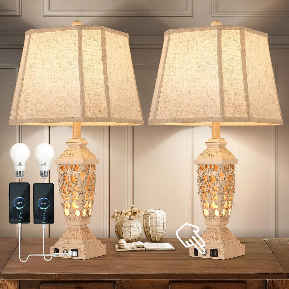 AIDENOEY 27.5" Touch Control Traditional Table Lamp Set of 2 with USB A+C