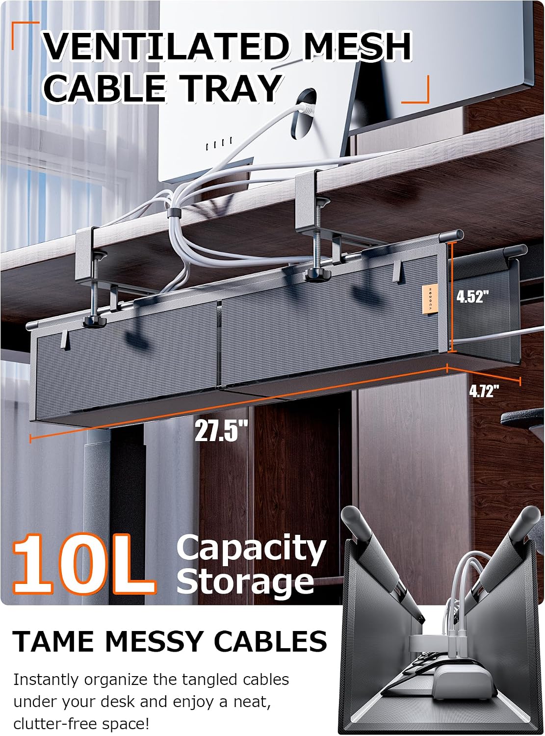Under Desk Cable Management Tray, Mesh Fabric - Excellent Heat Dissipation