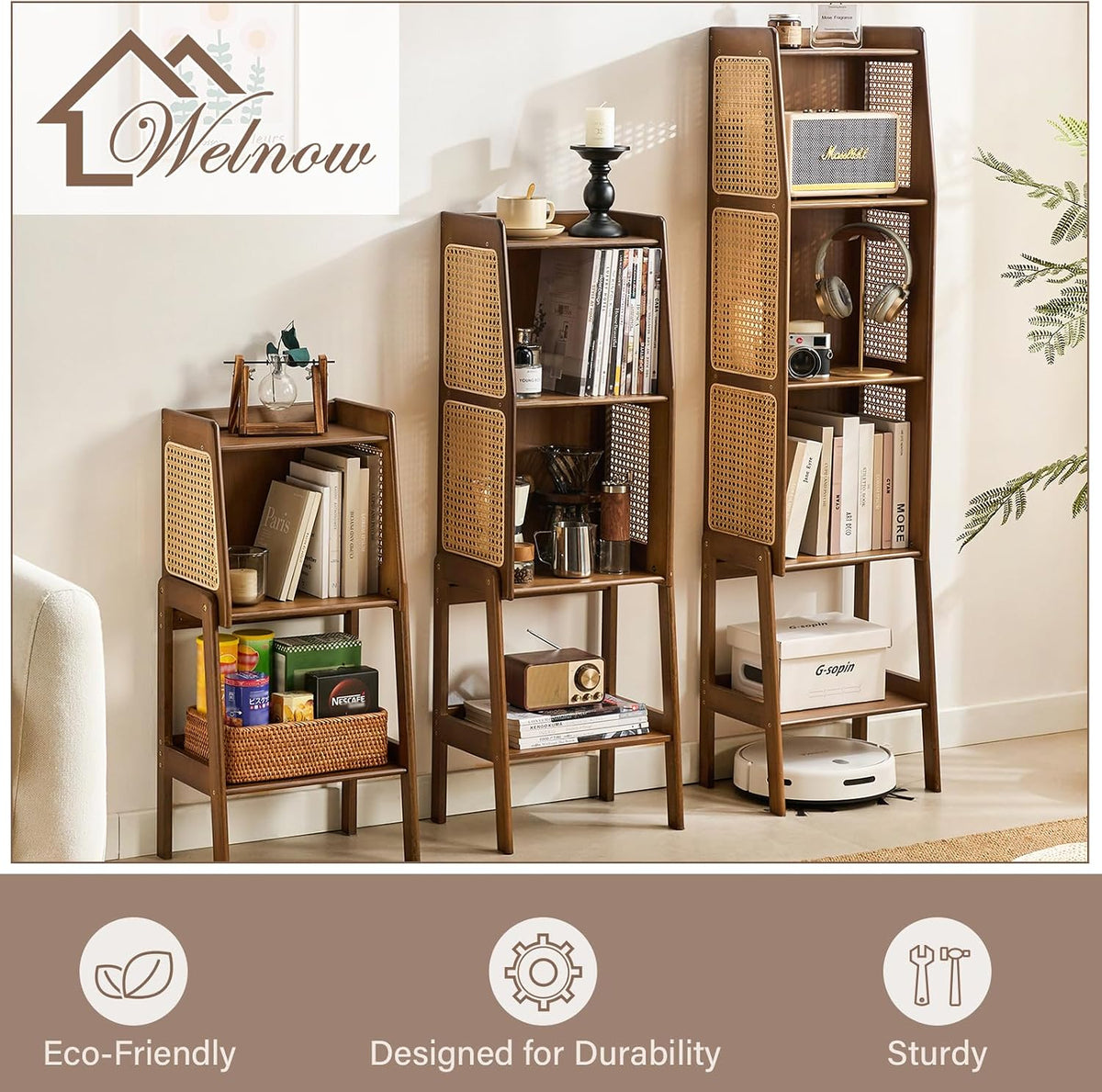 Welnow Bamboo Rattan Bookcase with Cabinet,4-Tier Wicker Bookshelf,Walnut