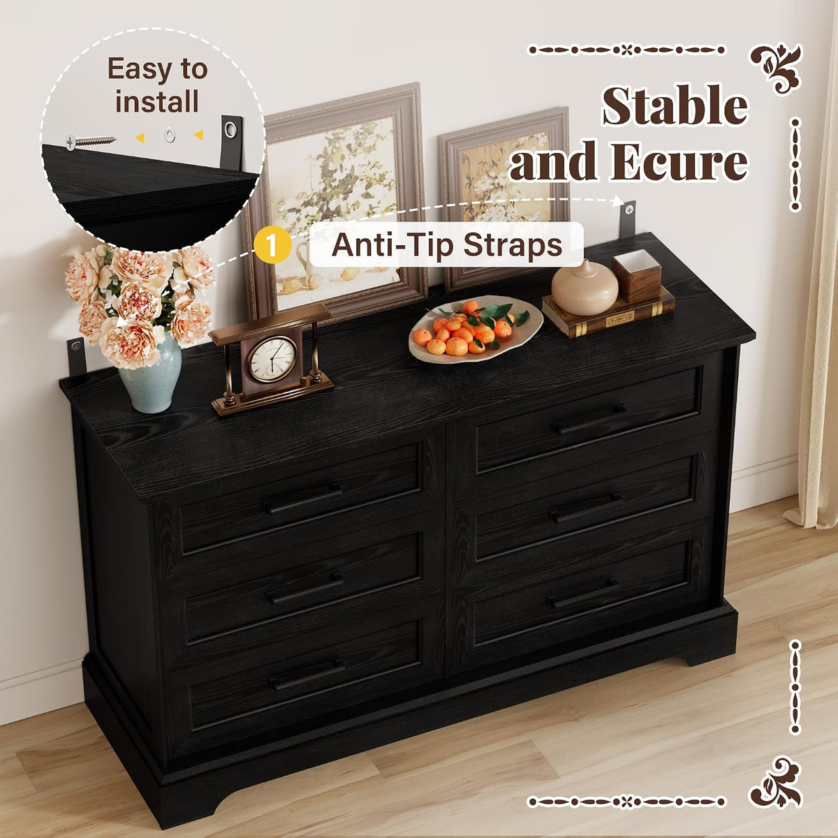 Furmax Farmhouse Dresser for Bedroom, 6 Drawers Dresser, Black