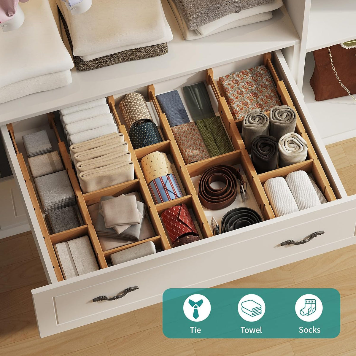 6 Pack Bamboo Drawer Dividers with Inserts, Kitchen Adjustable Drawer Organiz...