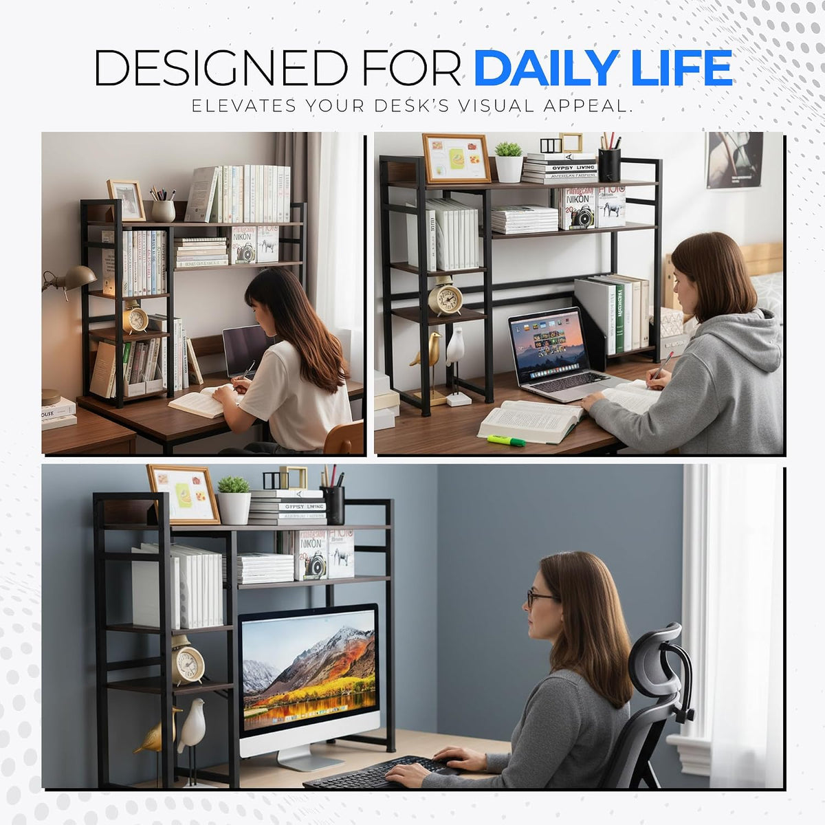 Desk Shelf Storage, 38 Inch, 4-Tier Wood Bookshelf Organizer, Computer Desk H...