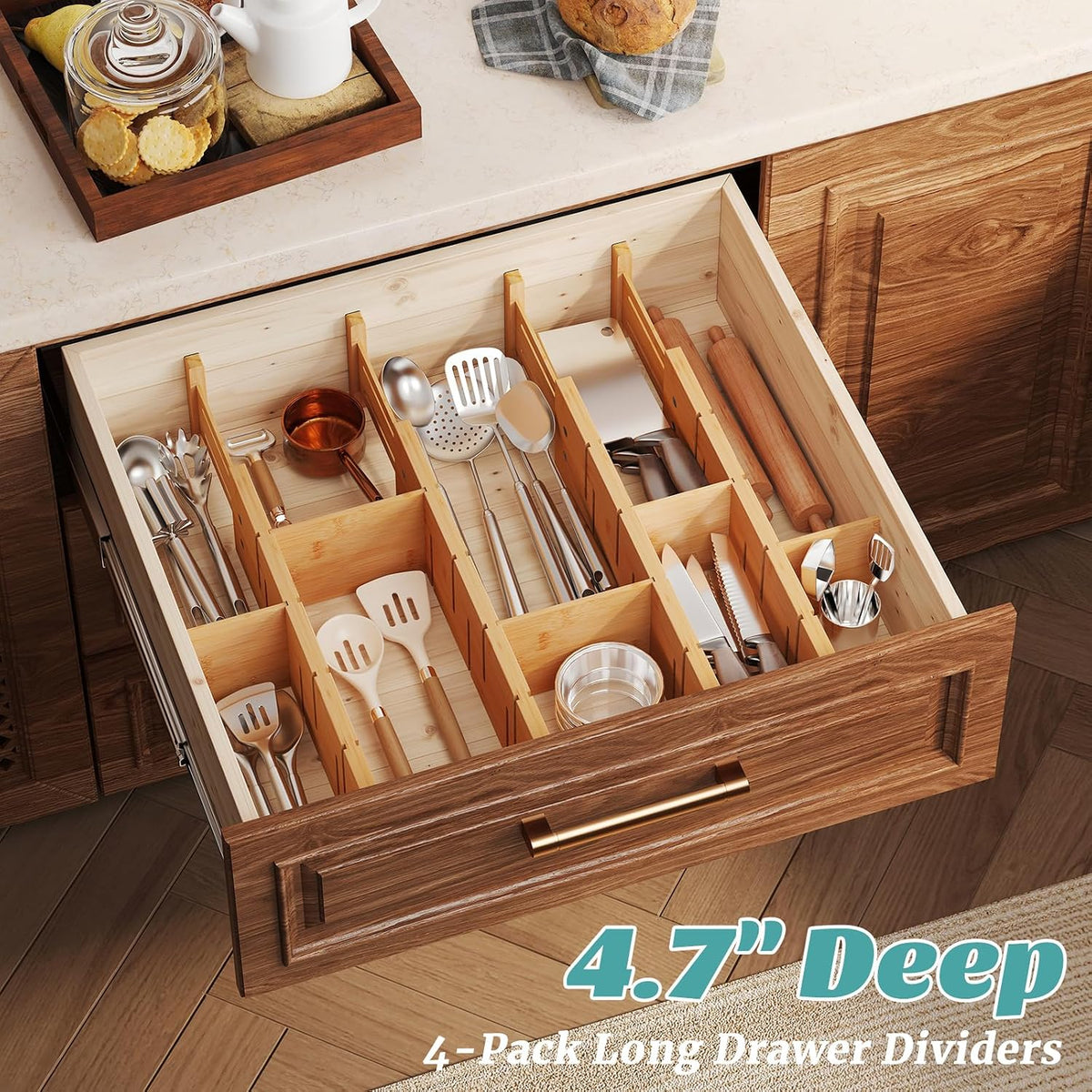 Deep Drawer Dividers 17.7-22.8IN, Bamboo Drawer Dividers 4 Pack