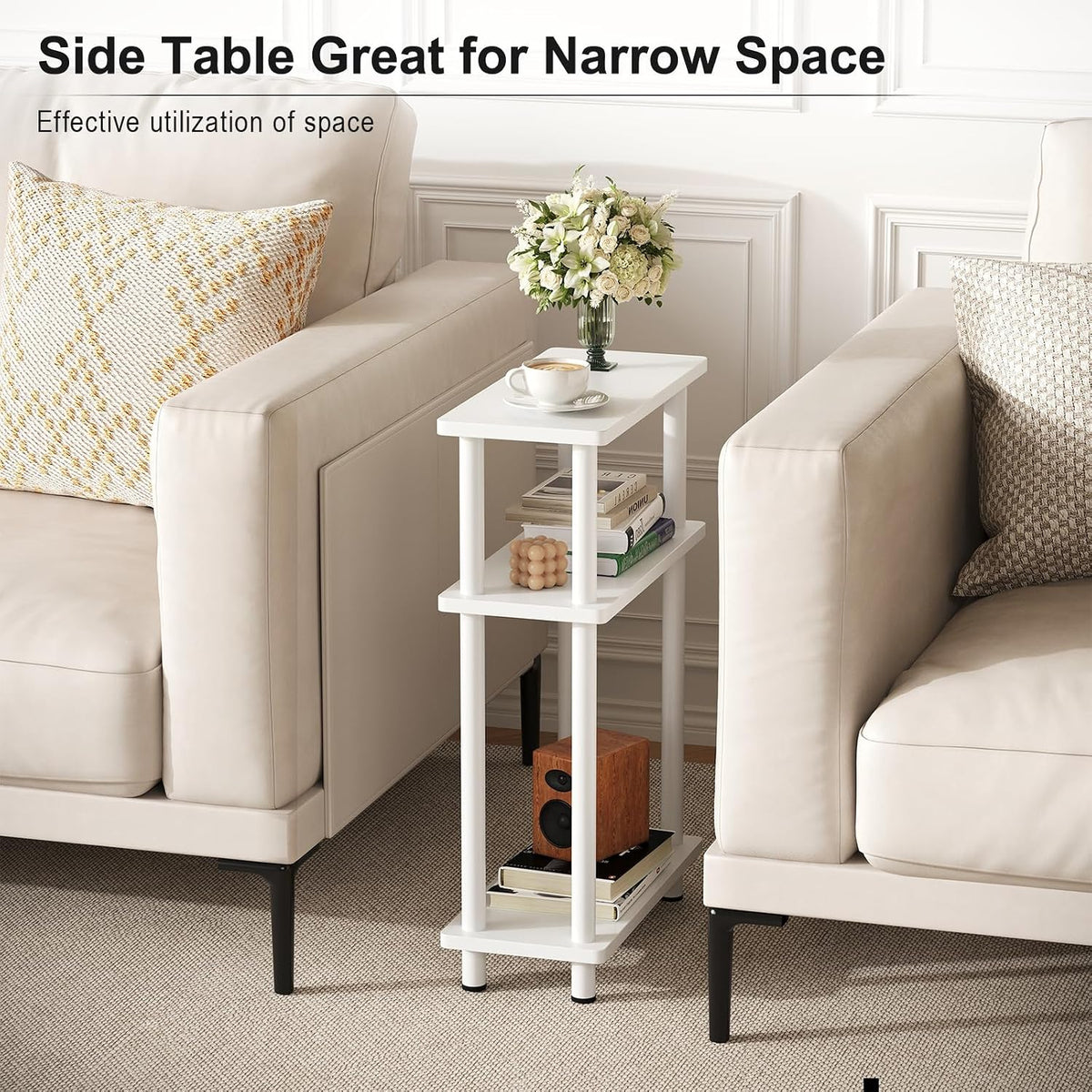 Apicizon Small Narrow Side Table, 3-Tier Skinny End Table, White