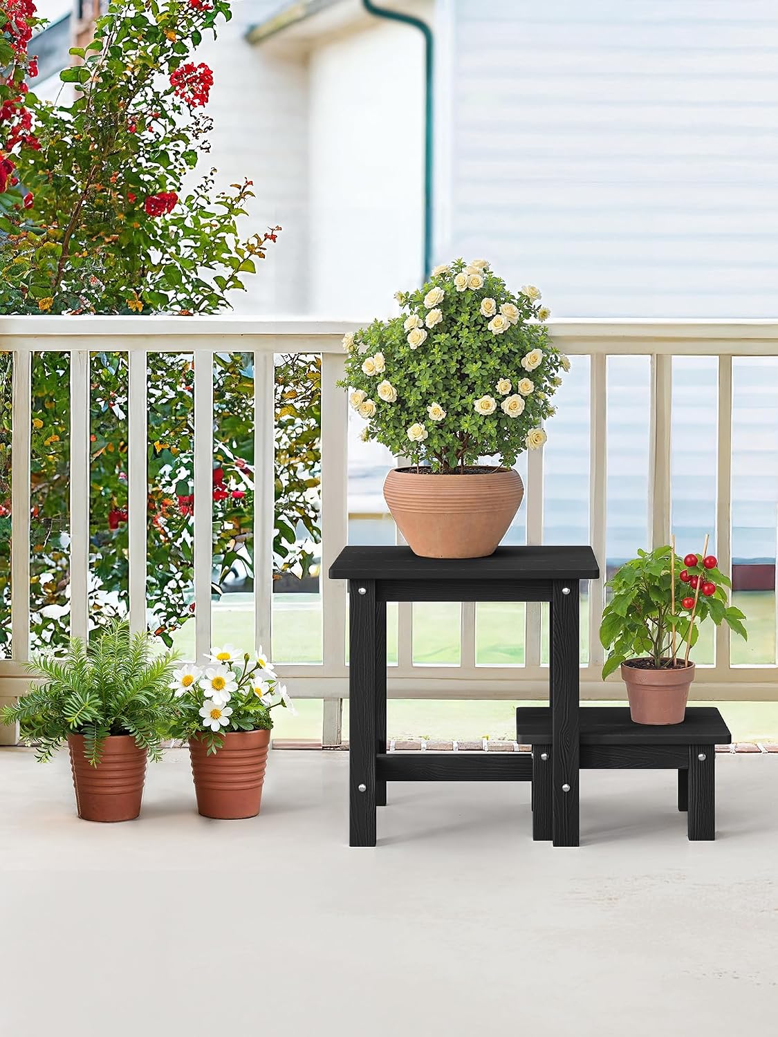 LUE BONA Small Outdoor Side Table with Removable Footstool for Patio, Black