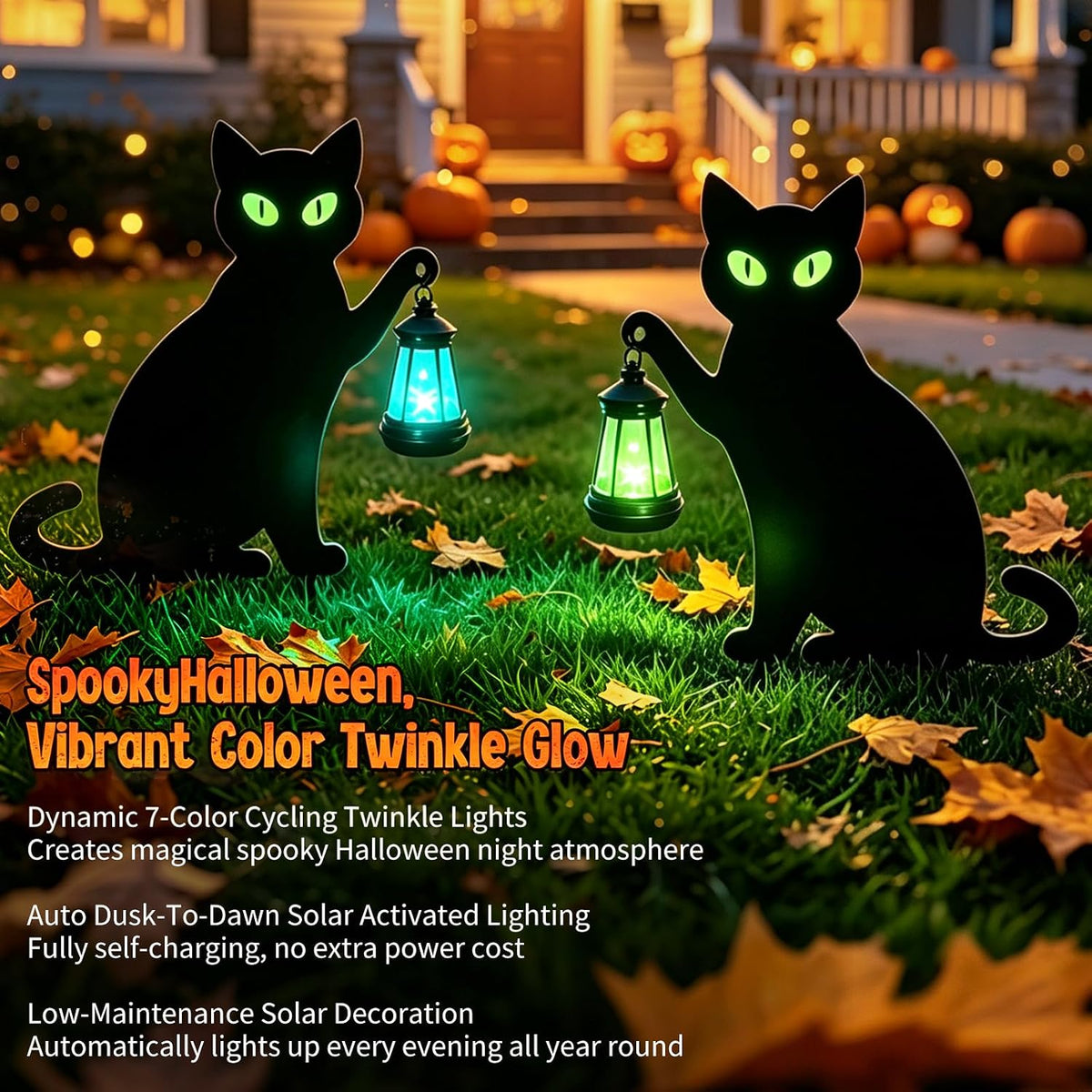 2 Pack Halloween Black Cat Solar Yard Stake, 7-Color LED Lantern