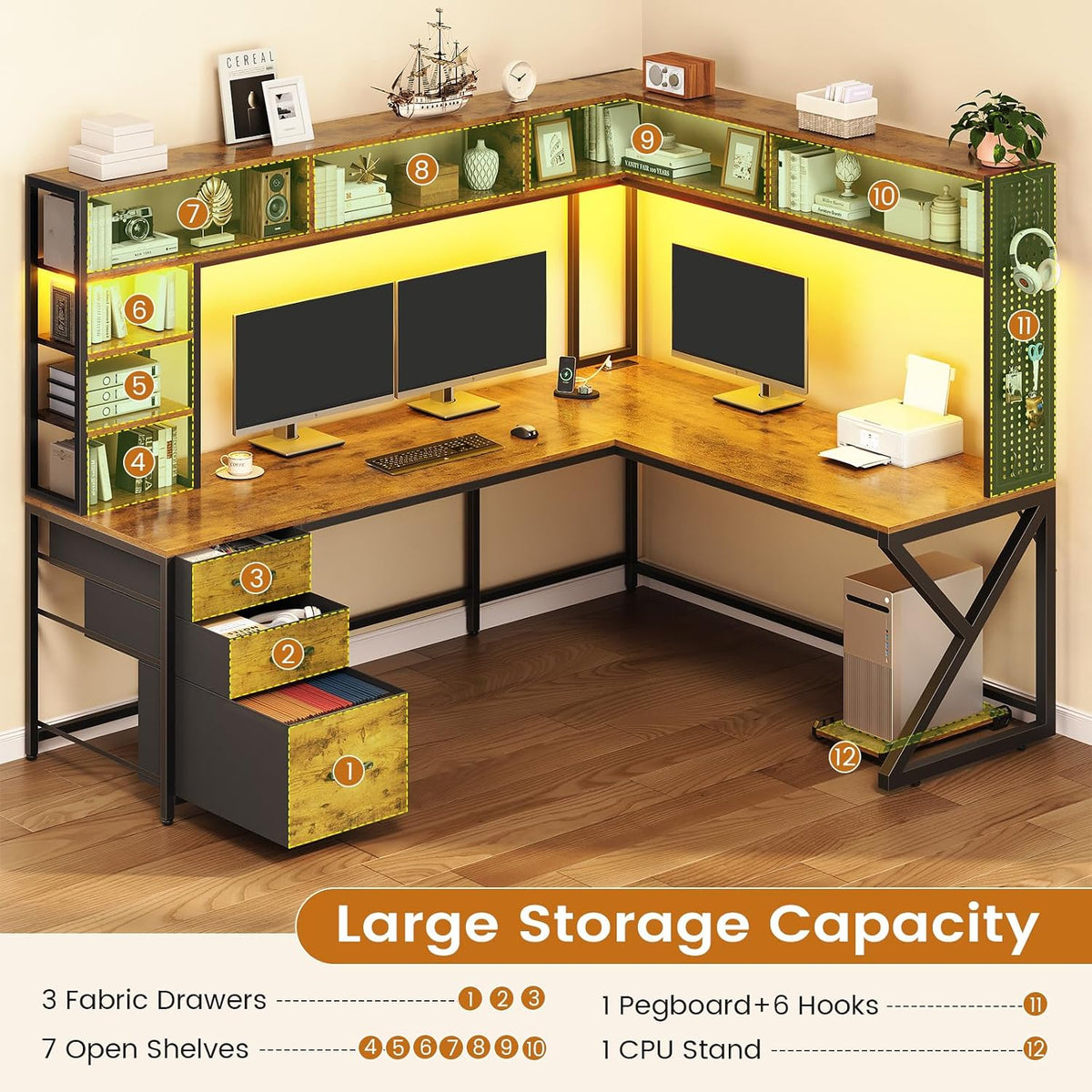 SEDETA L Shaped Computer Desk with Hutch, 3 Drawers, Shelves